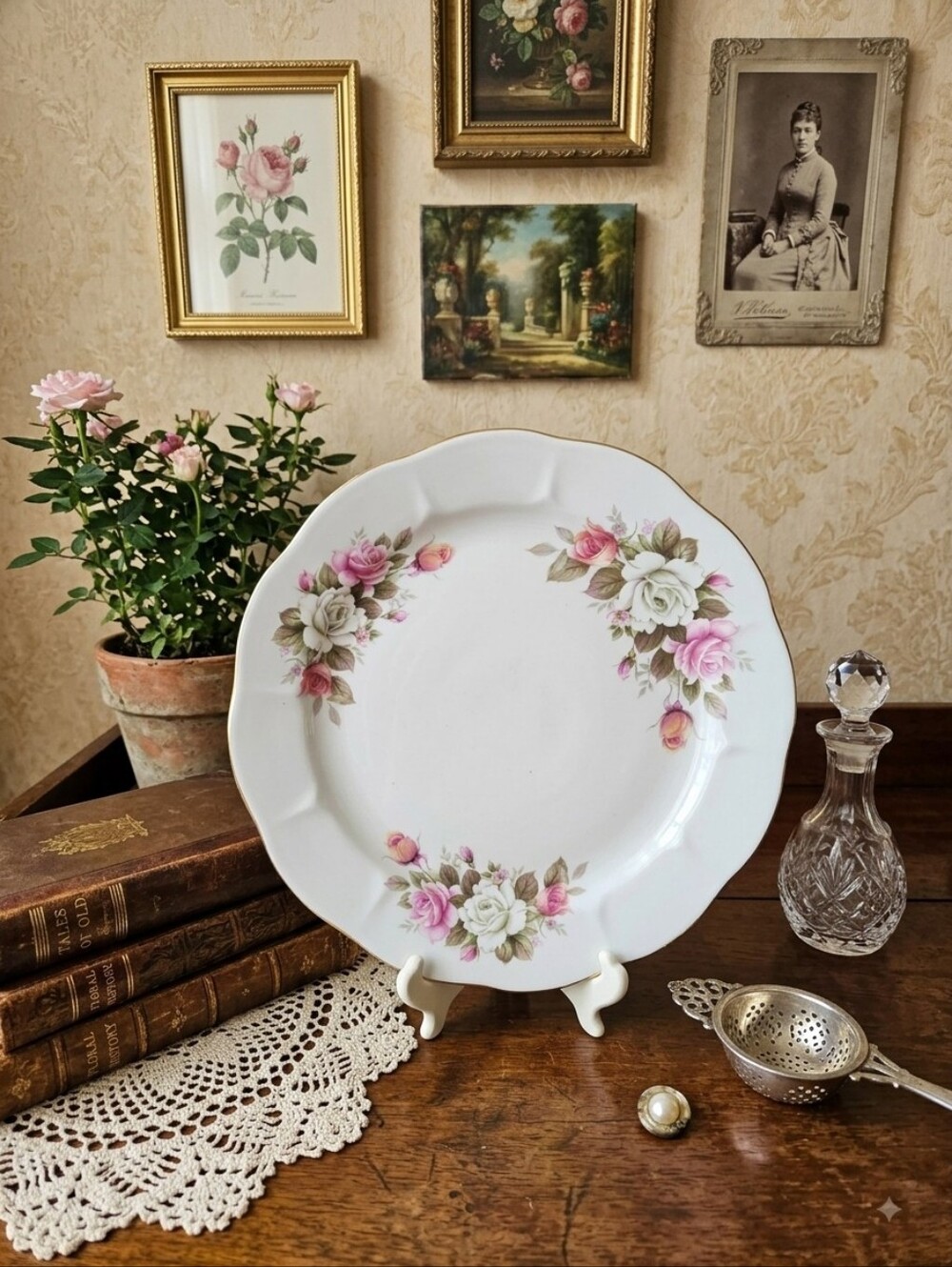 Vintage Dmitrov Verbilki Soviet Porcelain Dinner Plate - Pink Rose Chintz & Gold